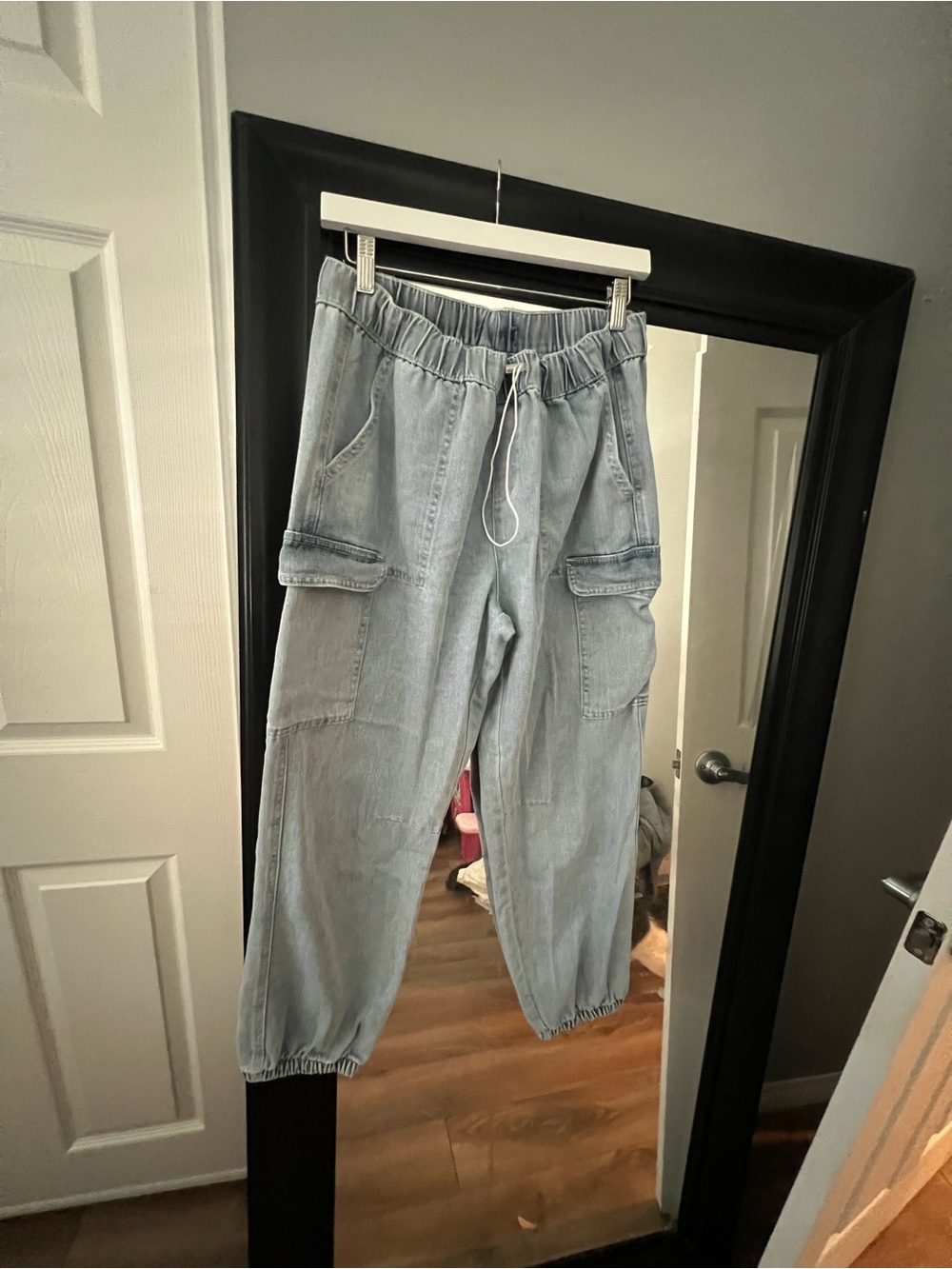 Light Wash Denim Cargo Joggers - Light Blue
